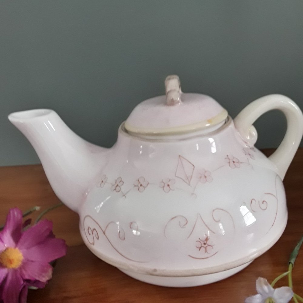 Tracy Porter Hand-Painted Ceramic Teapot with Pink Floral Motif
